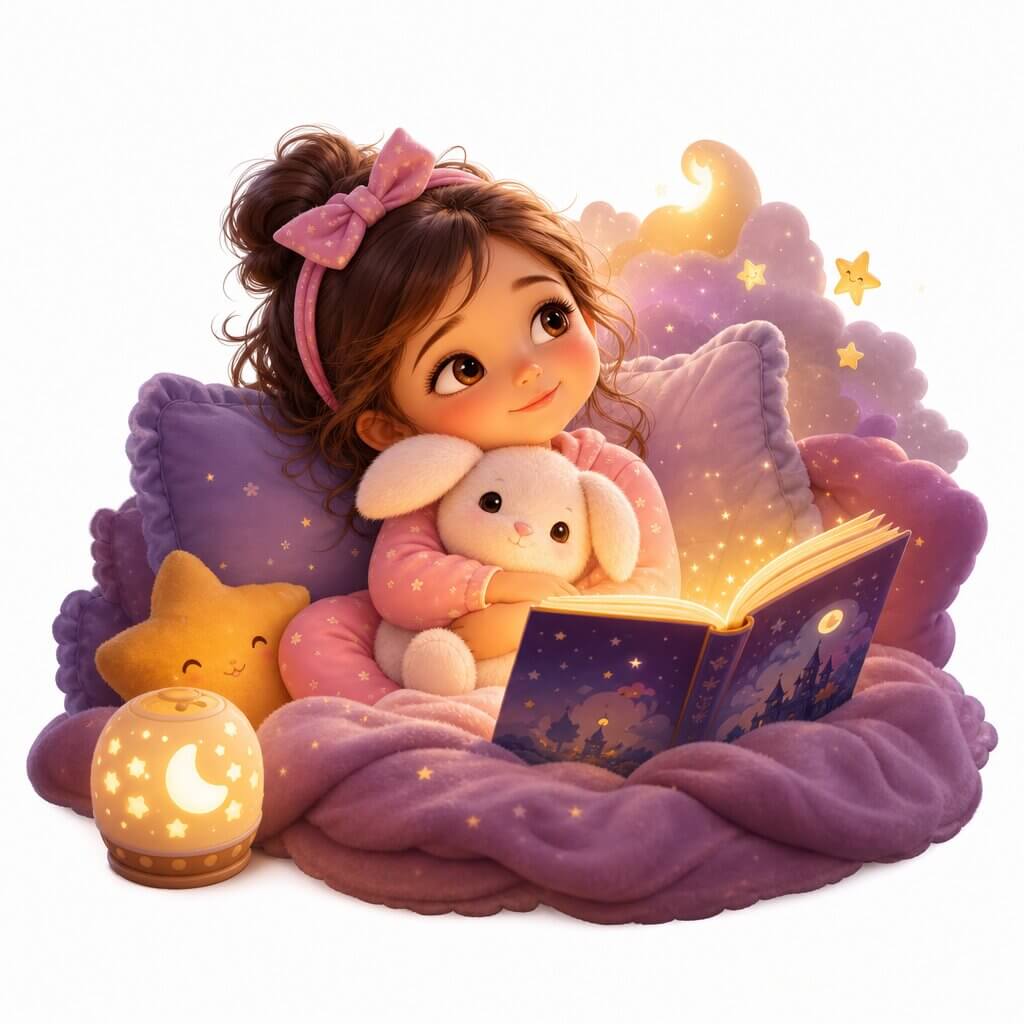 Bambina ascolta la sua favola personalizzata abbracciando un coniglietto