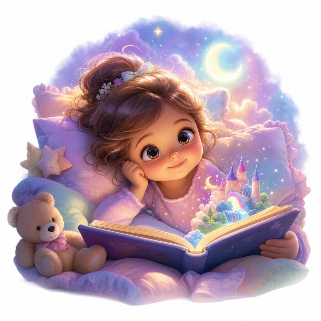 Bambina immersa nella favola del castello incantato