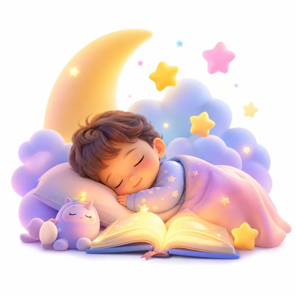 Bambino si addormenta sereno con la sua favola Favolandia