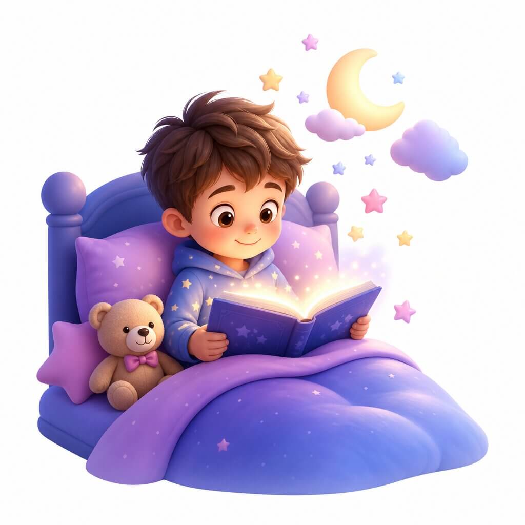 Bambino legge il libro della sua favola della buonanotte